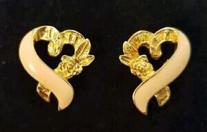 Avon Signed Pink Enamel Breast Cancer Ribbon Heart Pierced Earrings In Gold Tone